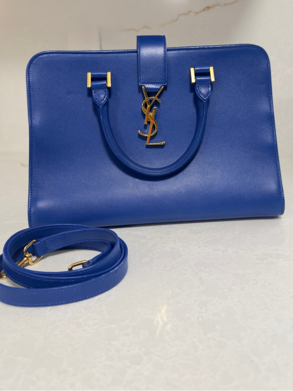 Saint Laurent Cobalt Blue Leather Top-Handle Satchel with Gold Hardware